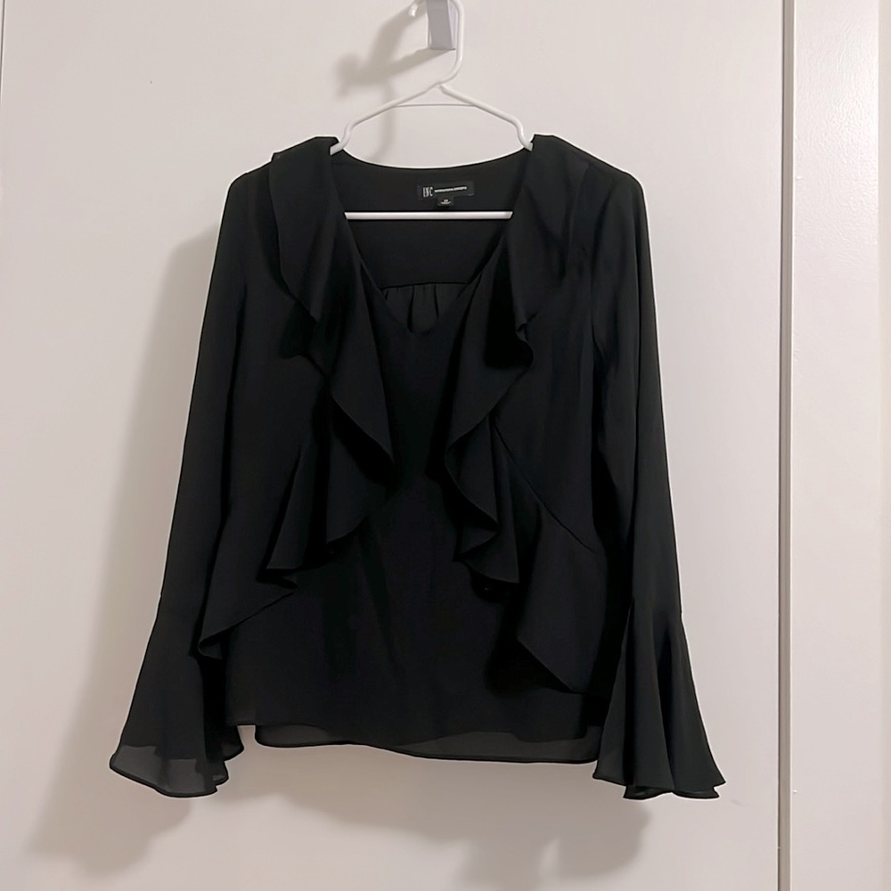 INC International Concepts Women’s Long Sleeve Black Ruffle Top Shirt Blouse XS